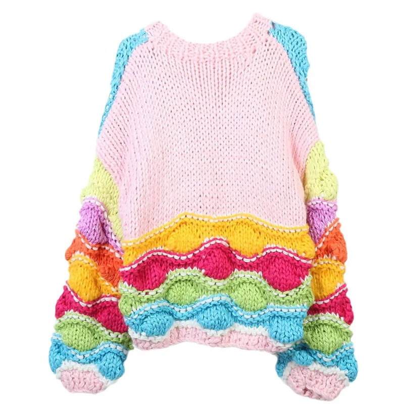 Süße Regenbogen gestreifte farbige Hand häkeln Strickjacke Frau V-Ausschnitt Laterne Ärmel Diamant Knöpfe Pullover übergroßen Pullover