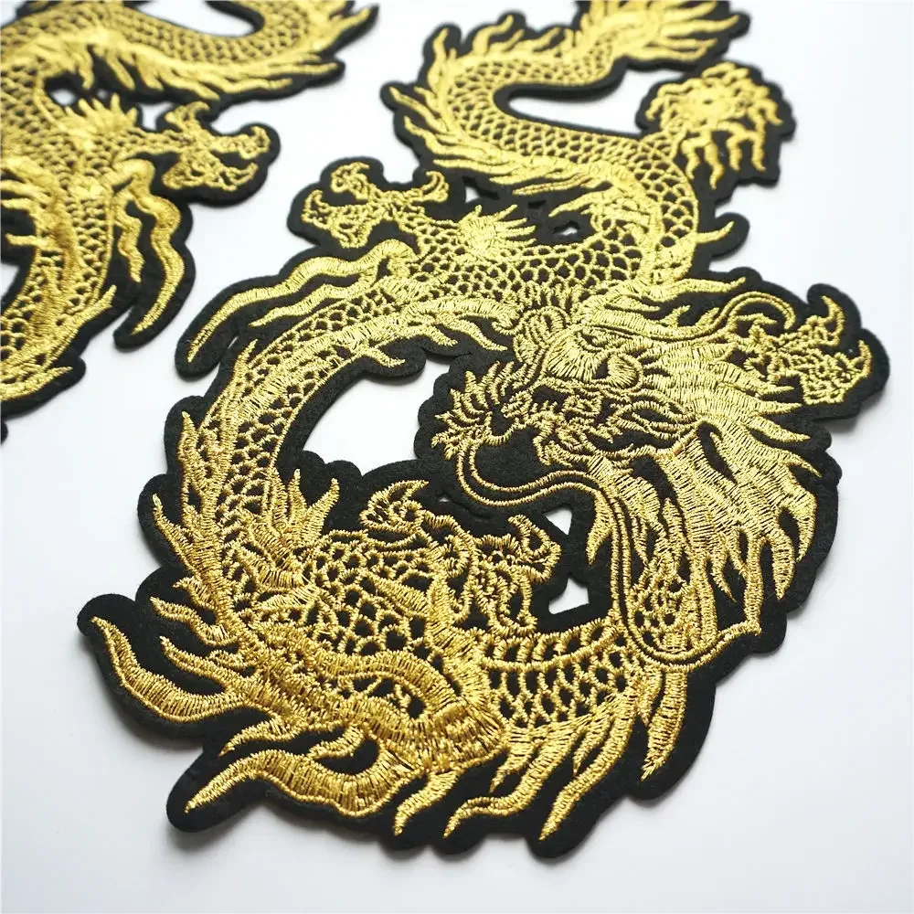 2PCS Chinese Gold Dragons 29CM Embroidered Patches Sew Iron On Badges For Dress Bag Jeans Hat T Shirt DIY Appliques Craft Decor