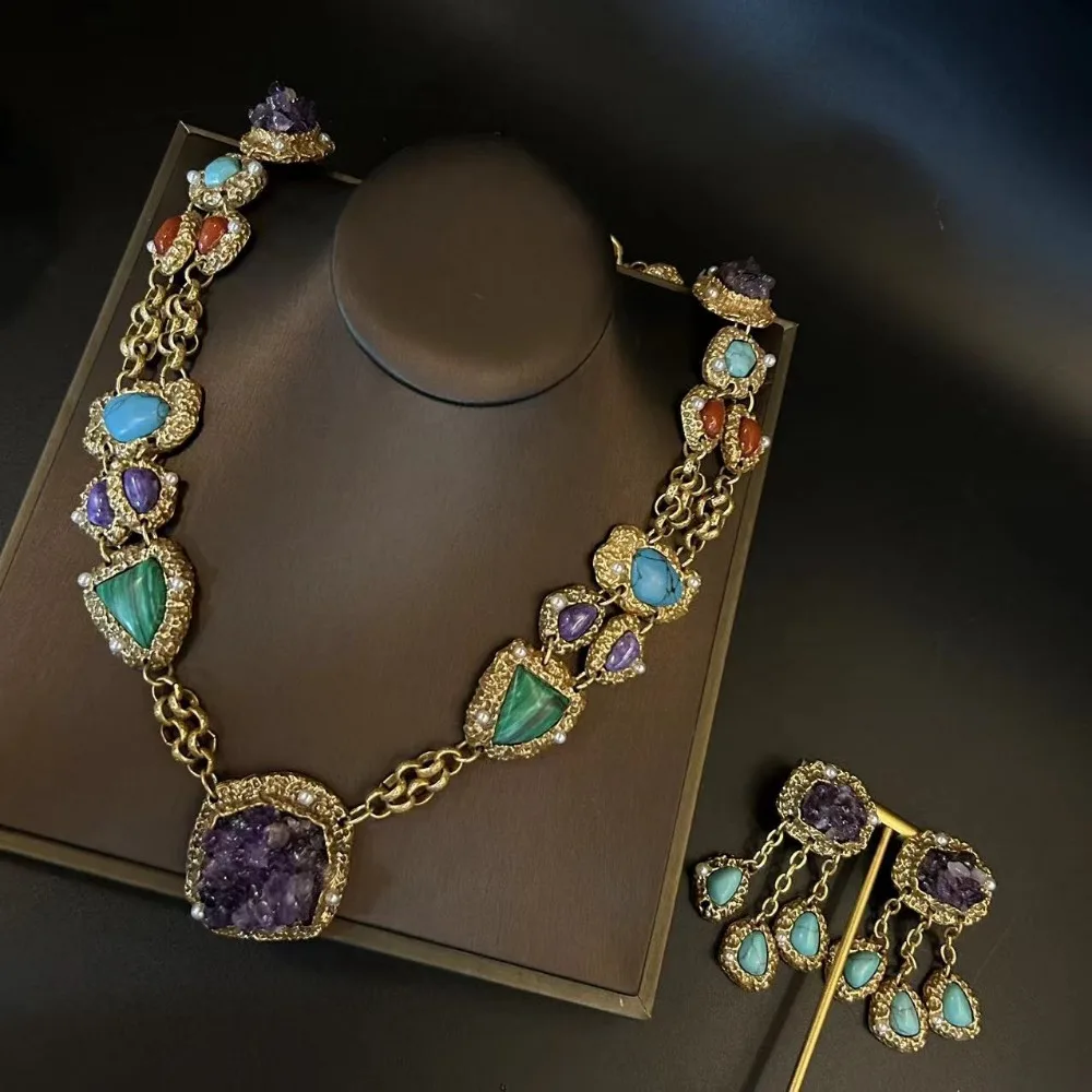 Medieval Retro Heavy Industry Natural Stone Old Necklace Earring Design Raw Amethyst Stone Turquoise Tassel Earrings Set Engravi