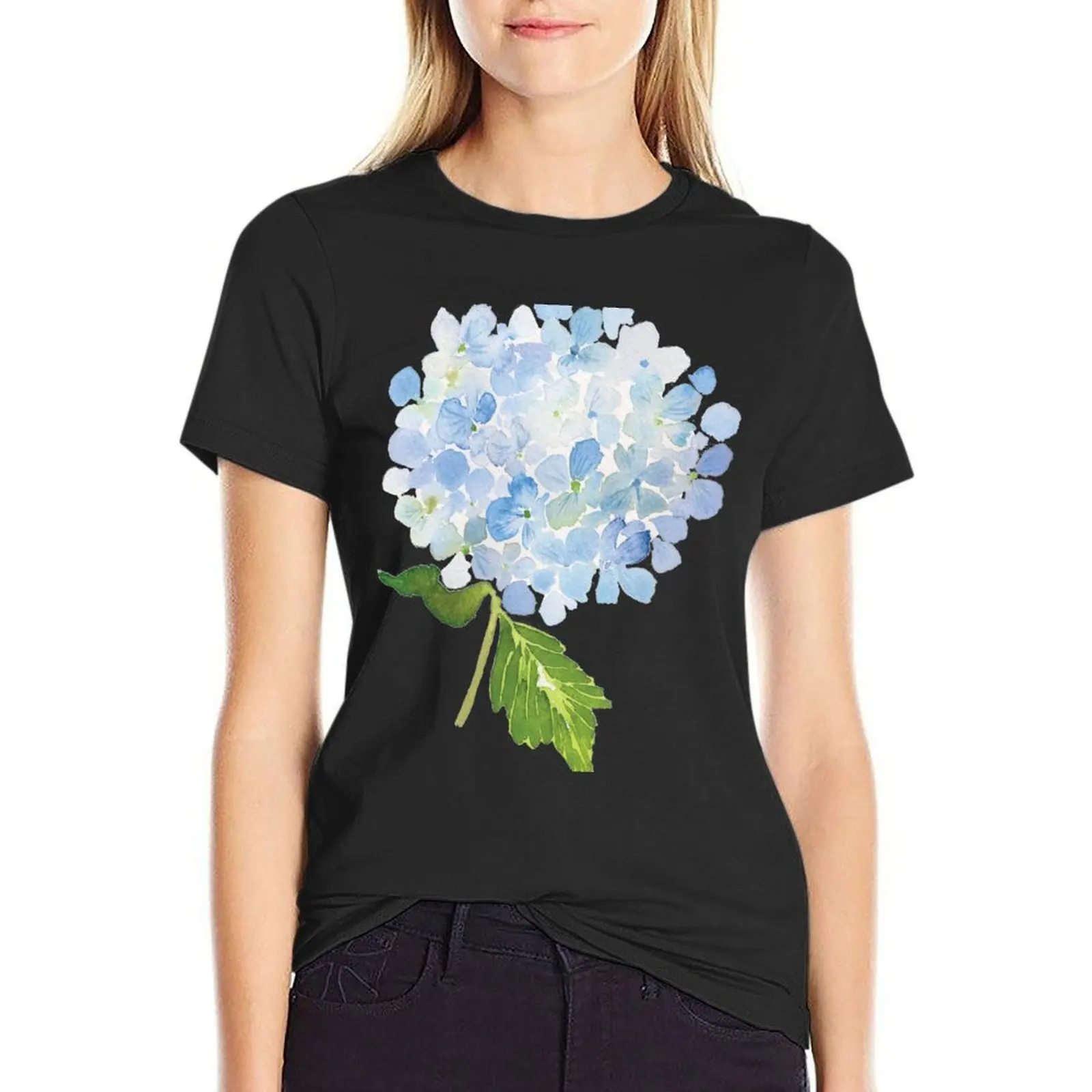 

Blue hydrangea watercolor flower T-Shirt anime new edition animal print plain t shirt dress Women
