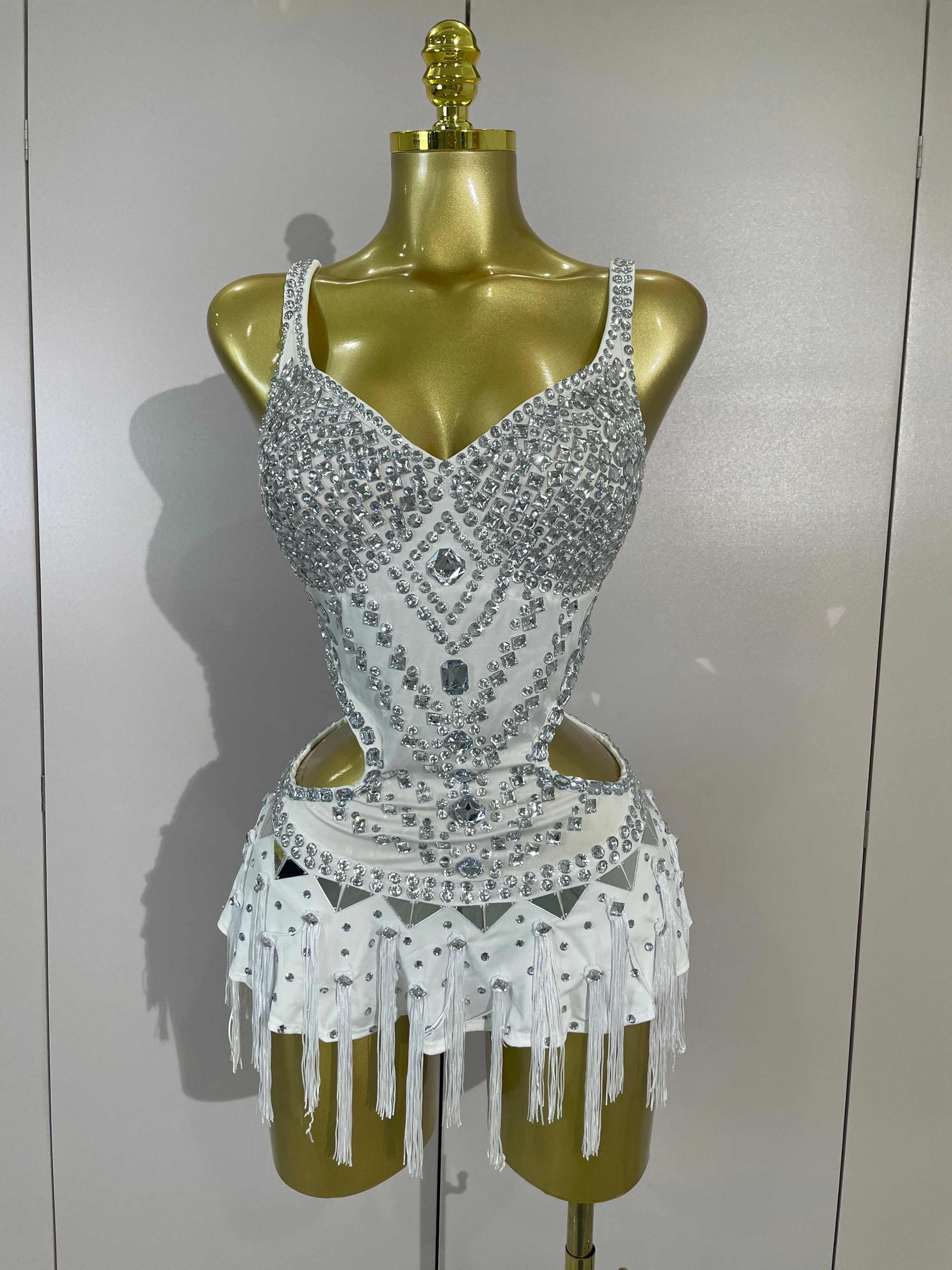 Sparkly Silver Rhinestones Tassels White Bodysuit Dress Women Sexy Eveing Party Dancer Nightclub Stage Team Performance Costume
