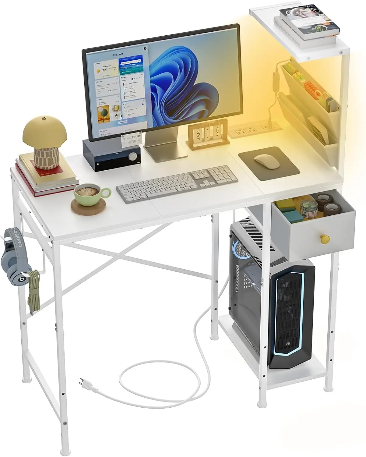 

33.7' Computer Desk with Power Outlets, LED Lights & Drawer, Small Office Desk with Storage Bag