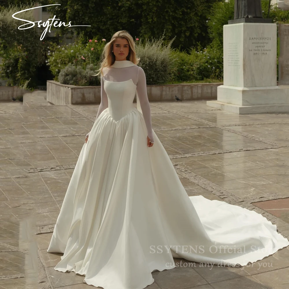 

SSYTENS High Collar Mermaid Wedding Dress Pleats Long Sleeve Muslim Bridal Gown Customized A Line Bride Dress vestidos de novia