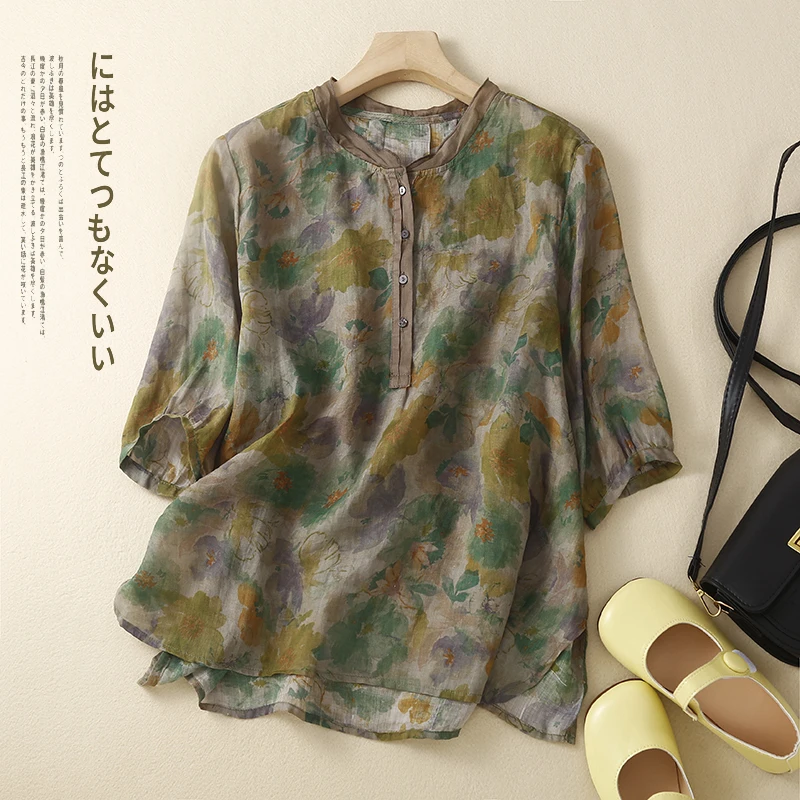 

Artistic Retro Flax Print Loose ort Sve Stand Collar irt Women Summer Large Size T-irt for Plump Sister Linen Top