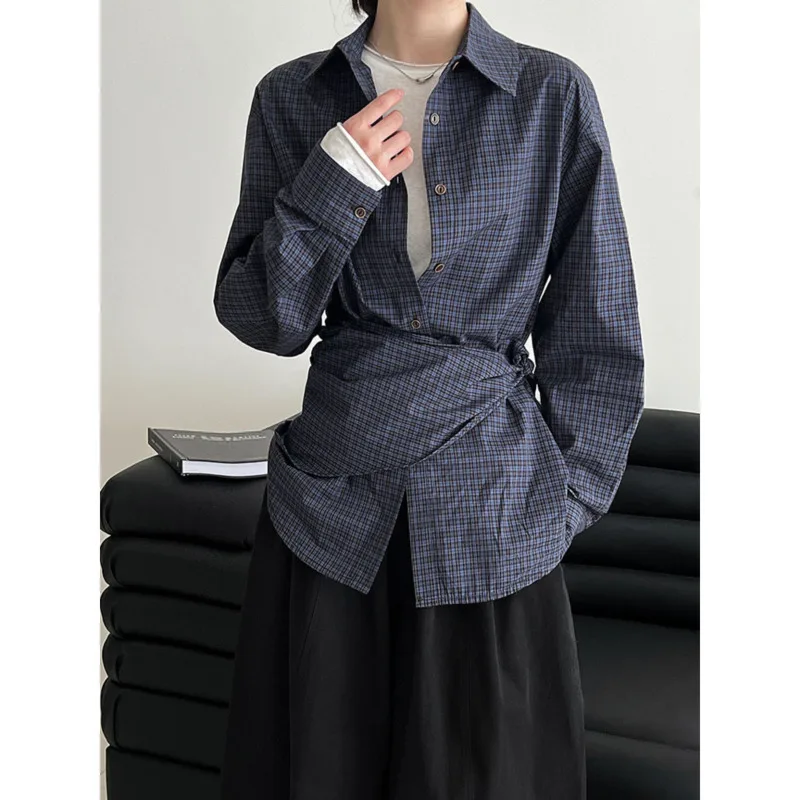 

Vintage Blue Plaid Shirts Autumn Women Loose Long Sleeve Korean Casual Shirts With Triangle Scarf