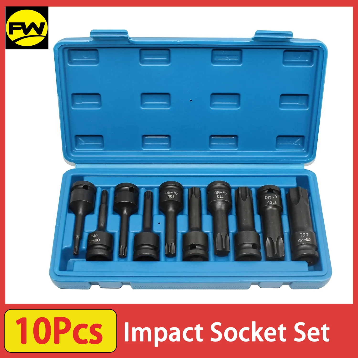 

10pcs Torx Bit Socket Set, 1/2" Drive Impact Torx Bit Socket Set T30 T40 T45 T50 T55 T60 T70 T80 T90 & T100 Sockets
