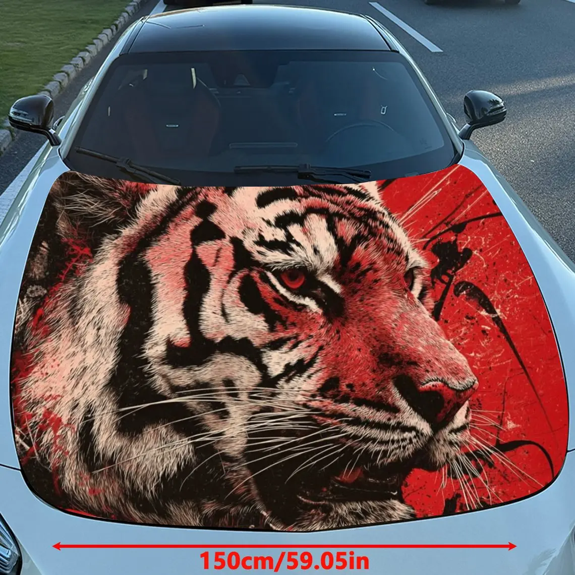 Red Splash Tiger Car Hood Sticker PVC Self Waterproof Stick, Striking Auto Exterior Accessories Decor Protect Gift for Car Lover