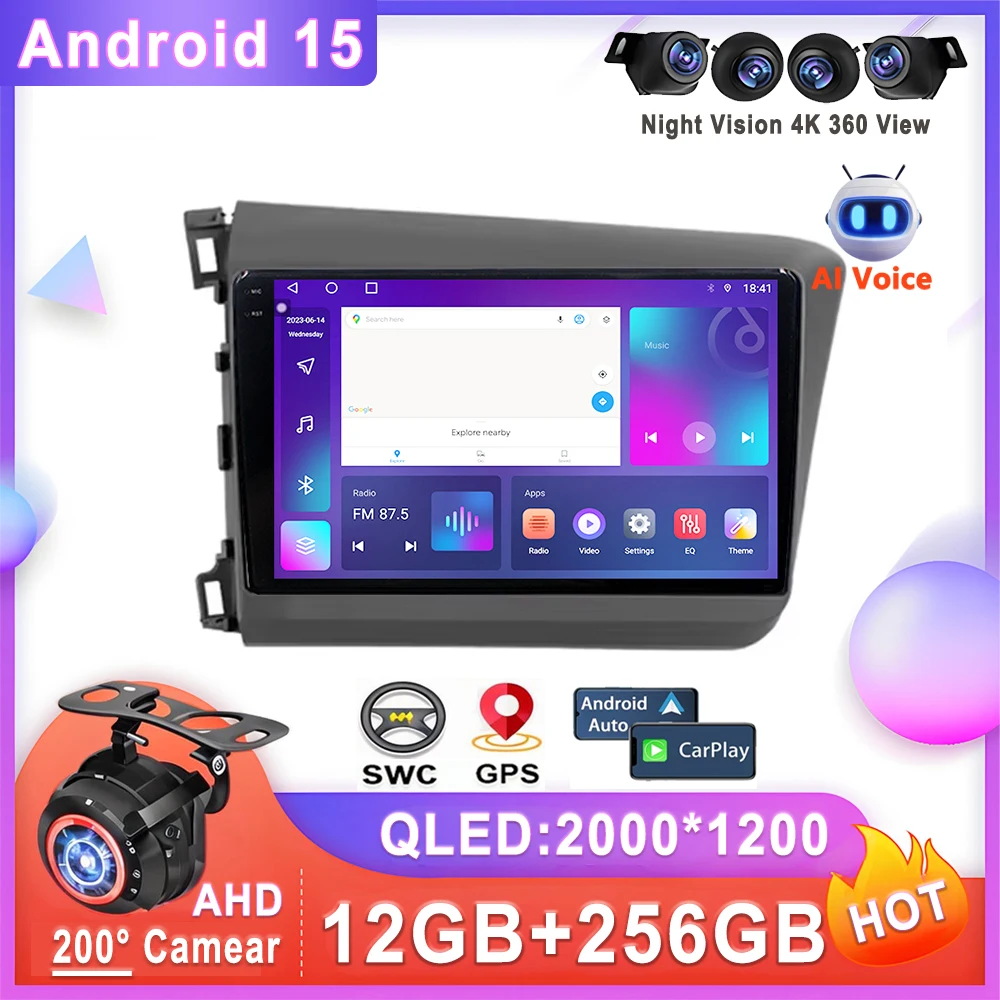 

Car Stereo Android 15 For Honda Civic 9 FB FK FD 2011 - 2015 GPS Multimedia Player Navigation Auto Radio Head Unit DVD Dash Cam
