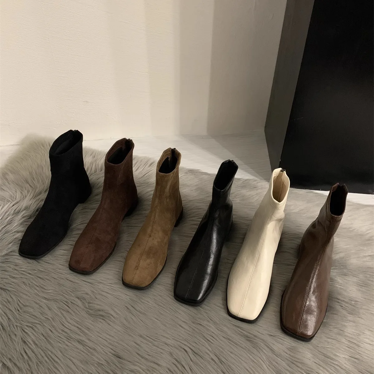 

Fall Winter Soft Leather Square Toe Low Heel Boots Women's Zipper Flat Bottom Slim Short Boots Korean Style Short Tube