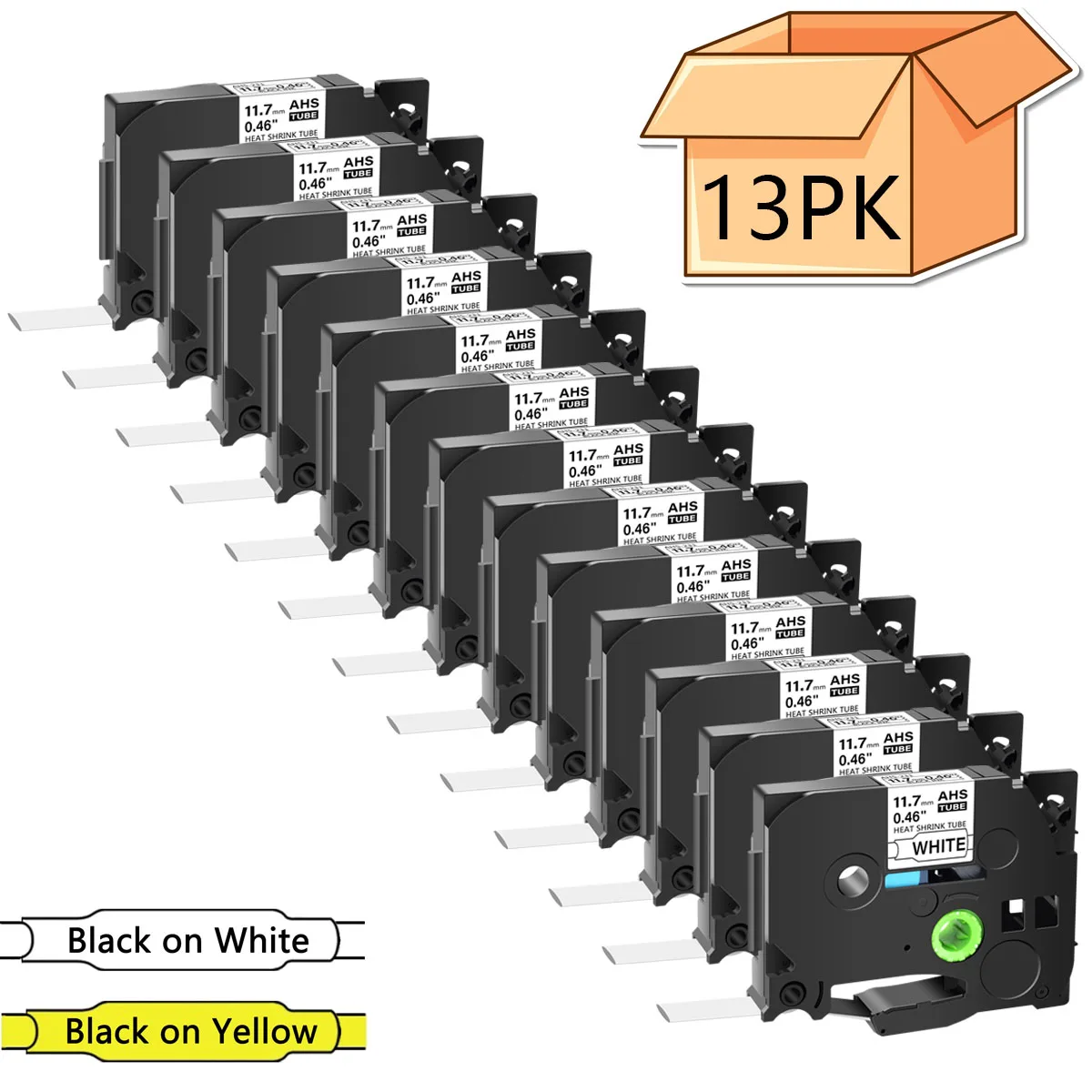 

13PK Heat Shrink Tube Compatible for Brother HSe-231 HSe221 HS-631 641 Black on White Label Tape for P-Touch E300 D700 Printers