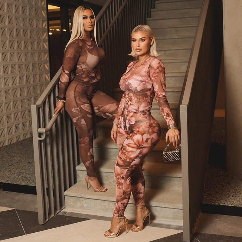 

Сексуальные сетчатые топы, комплект из 2 предметов со штанами, уличная одежда Y2K, женский модельерский спортивный костюм, элегантные топы с цветочным принтом, комплекты из двух предметов
