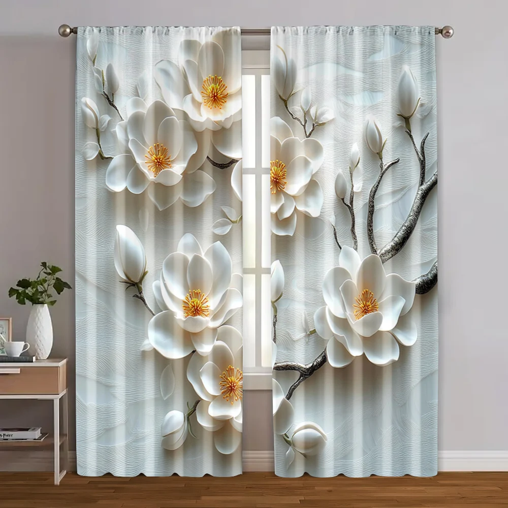 2pcs, Curtain Fabric 2D print elegant white flowers Polyester Easy Install (without rod) Versatile All Ldeal for Living Room &