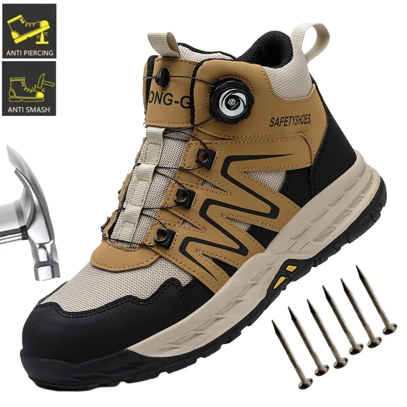 High-ankle Safety Boots With Ankle Support Rotating Button Lightweight Breathable Sneakers High Top Steel Toe Sneakers for Men
