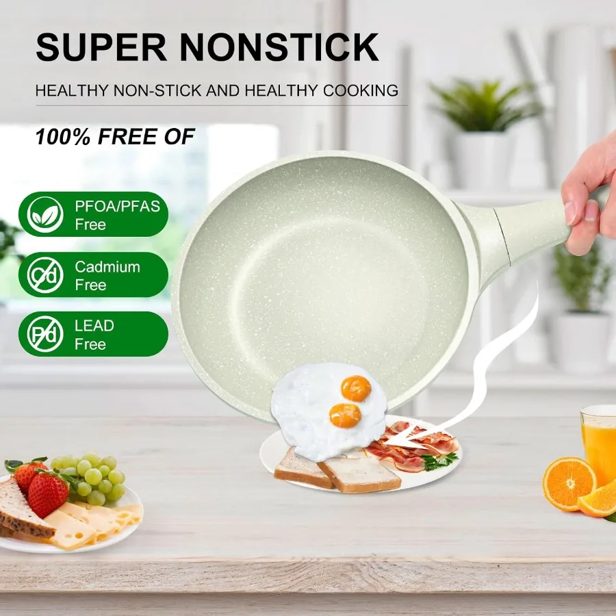 مقلاة غير لاصقة مقاس 8 بوصة مع غطاء عجة ومقلاة بيض مقلاة PFOA PFAS أواني طهي صحية مجانية جميع المواقد وغسالة الأطباق S