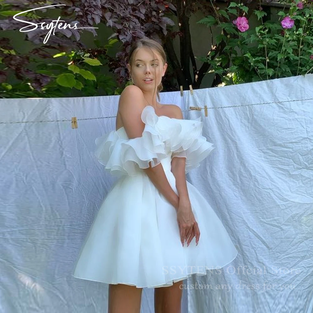 

SSYTENS Short Boho Wedding Dresses Prom Gowns A-Line Tiered Ruffles Puffy Mini Wedding Party Gowns For Bride Robes De Mariage