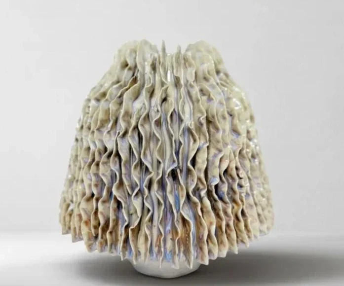 Laminated pleated textured ceramic vase, handmade wabi art flower utensils