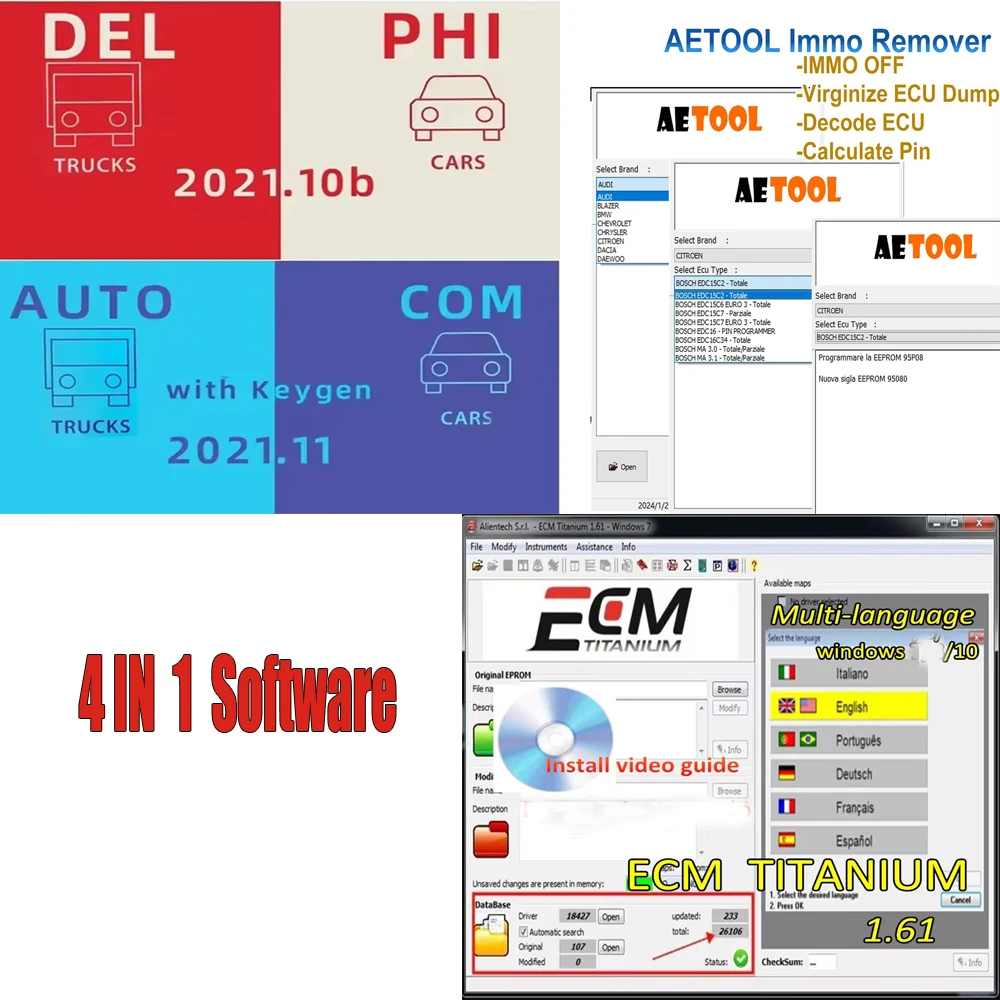 Auto2021.11COM Autocoms vd ds150e Delphisss 2021.10b+AETOOL IMMO REMOVER 1.3+Ecm titanium 1.61 car repair software tools