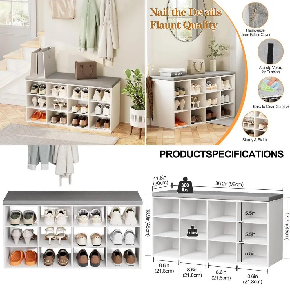 

3-х уровневая деревянная полка для обуви-органайзер с подушкой, многофункциональная скамейка для прихожей, брызговик, 36,22x11,81x17,7 дюймов, белый