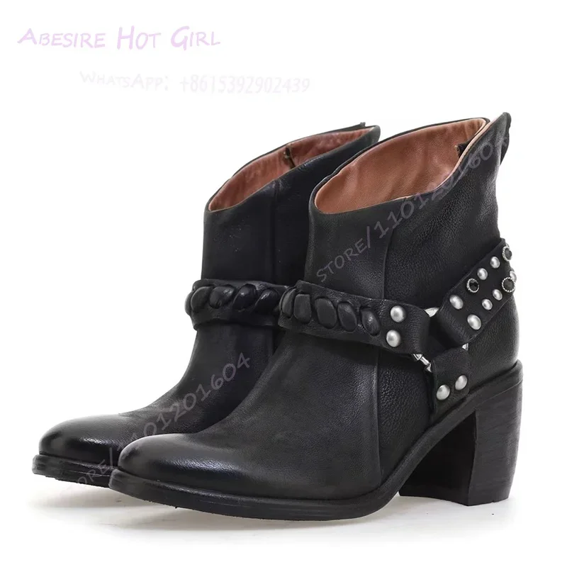

Black Matte Leather Rivet Beads Cool Calf Boots Women Chain Vintage Low Pointed Zip Thick Spike Heels Booties Field Sporty Shoes