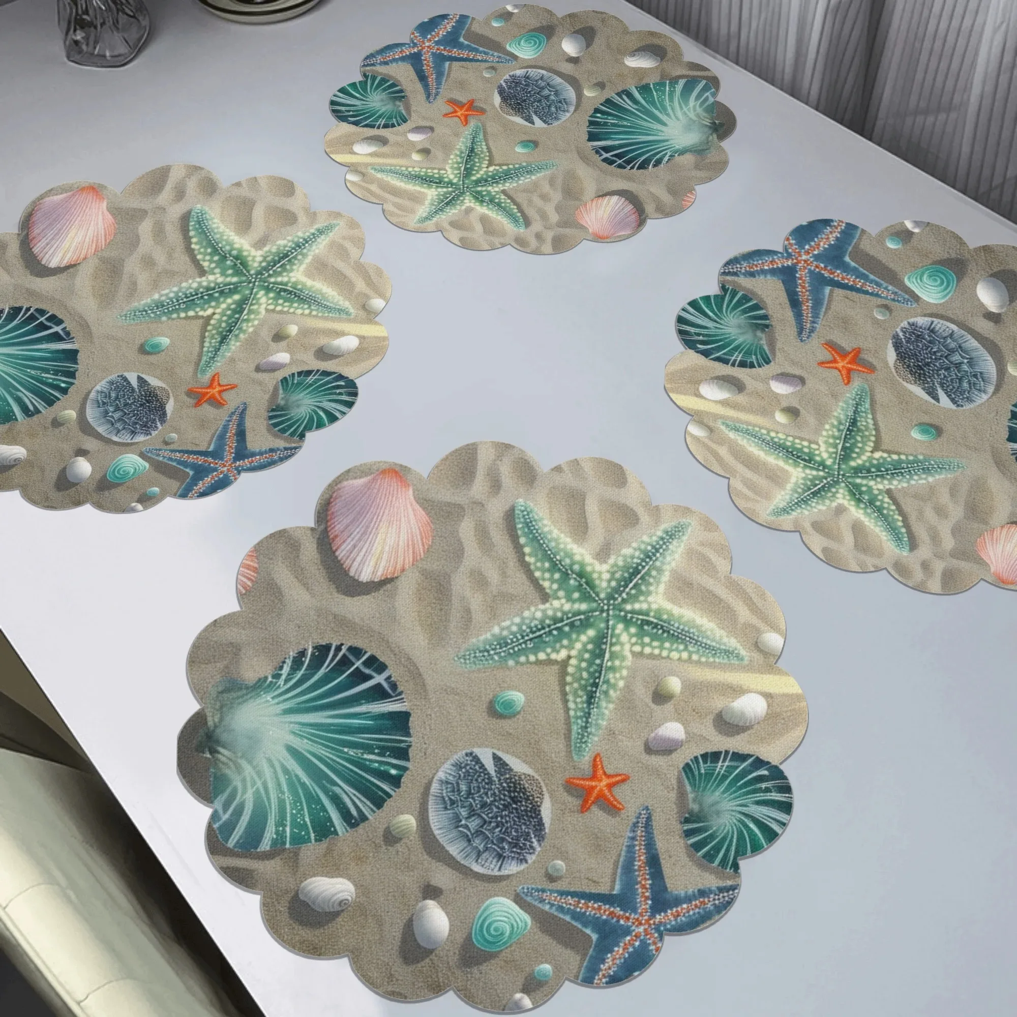 VIKAMA Starfish Shell Scalloped Round Placemat Ocean Theme Table Mat Waterproof Heat Resistant Plate Pad Summer Dining Decor