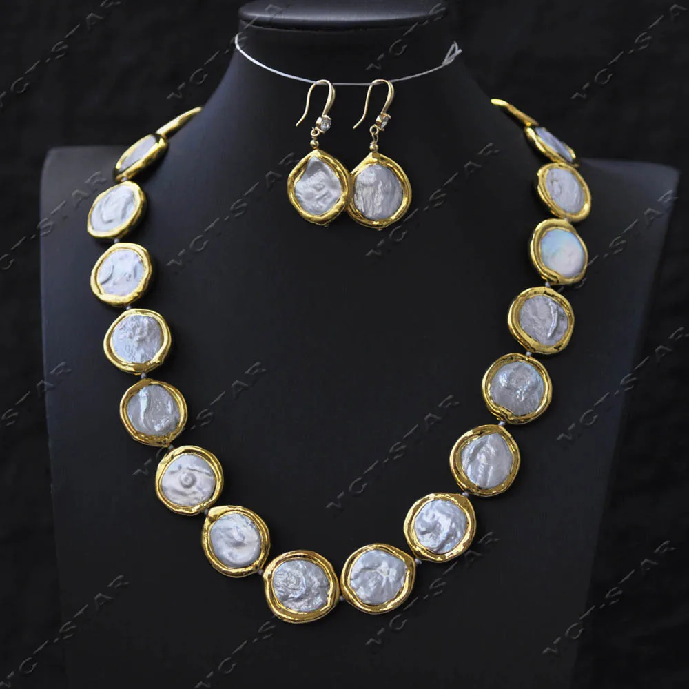 

MTC·STAR 19" 20mm White Coin Freshwater Pearl Gilding Bead Necklace Earring CZ (Z14314)