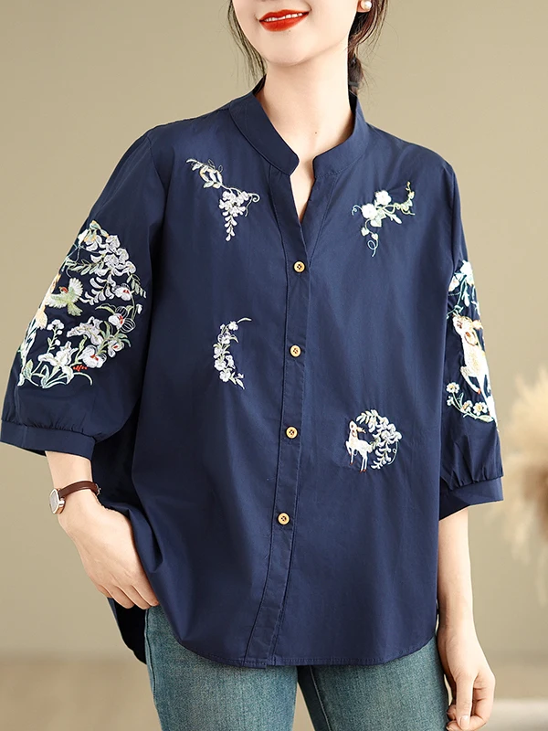 

Summer New Chinese Sle Deer Embroidery Cotton irt Women Loose Seven-Quarter Sve Pure Cotton Breathable Casual Top