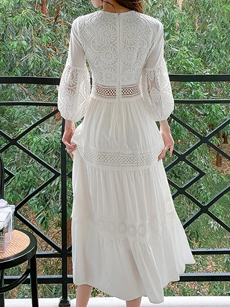 Summer Women Long Dress Vintage White Boho Lace Dresses Female Hollow Out Dress Ladies Elegant Loose Beach Holiday Vestidos