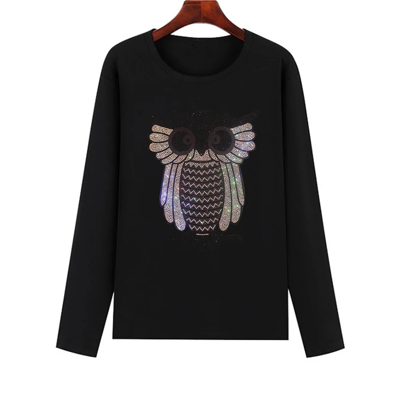 

Hot selling diamond owl hot diamond women's T-shirts spring and autumn long-sleeved casual diamond women's T-shirts