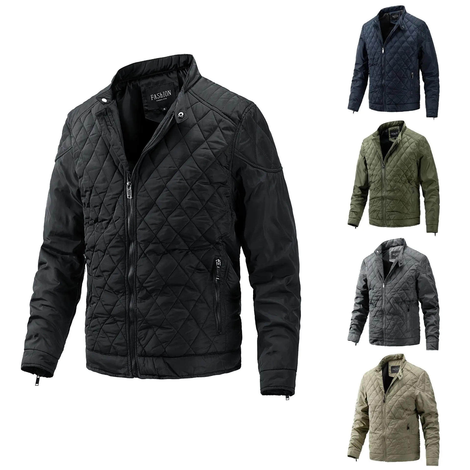 Men's Casual Diamond-Shaped Stand-Up Collar Jacket Autumn Winter Fashion Trend Light Cotton Clothes Cotton-Padded Jacket