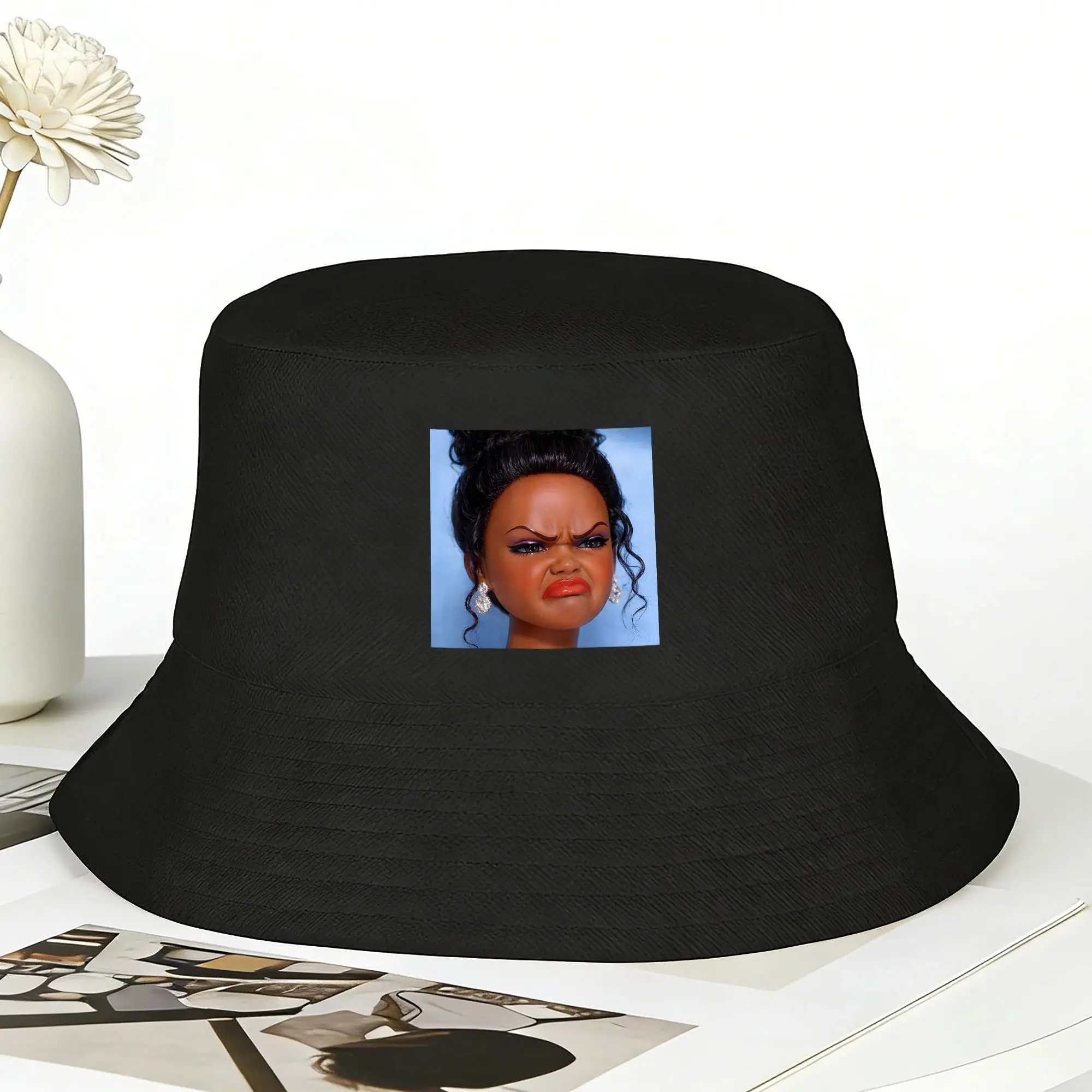 Angry Disgusted Black Doll Face Meme Bucket Hat Summer  Casual Fisherman Hats For Unisex Hunting Caps Street Style Printed Hats