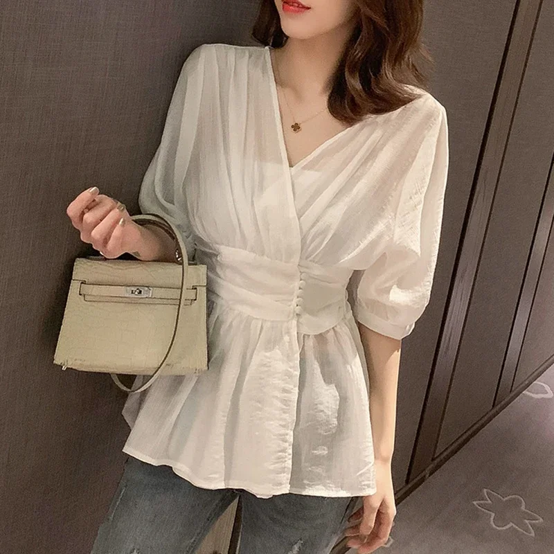 2019 Summer Women Special Design Elegant Chiffon Blouse Slim Shirt Korean Fashion Solid Casual Short Sleeve White Shirt Tops