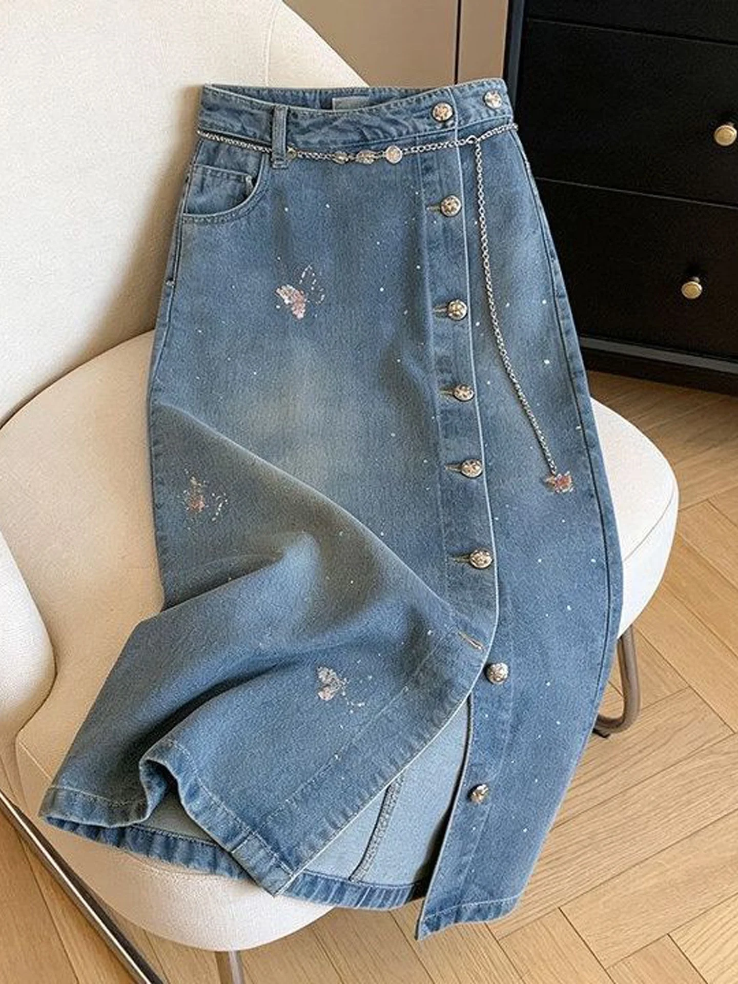High Waist A-Line  Skirt with Slit And Sequins Women's Jeans Skirts Slimming Versatile Long Skirts Casual European Style