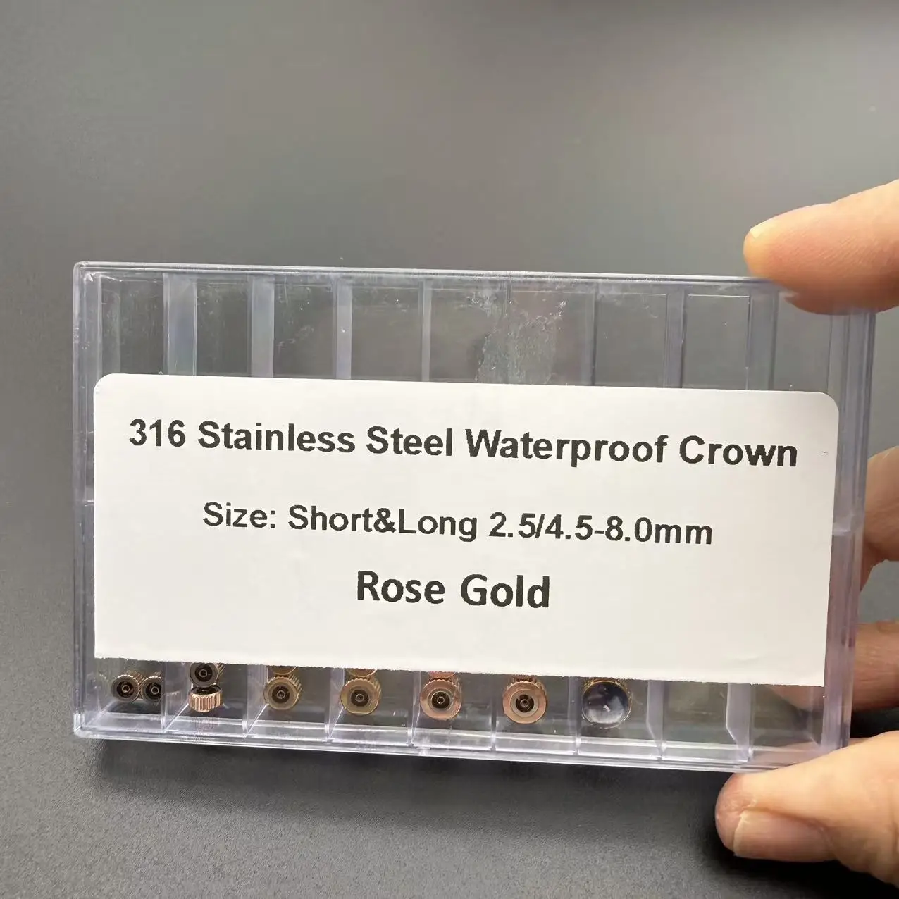 28 Stück/Box Uhrenkrone aus Edelstahl, Öffnung 2,5 mm, 4,5/5,5/6,0/6,5/7,0/8,0 mm, Uhrenkopf-Reparaturteile, Ersatzzubehör – Detail 8