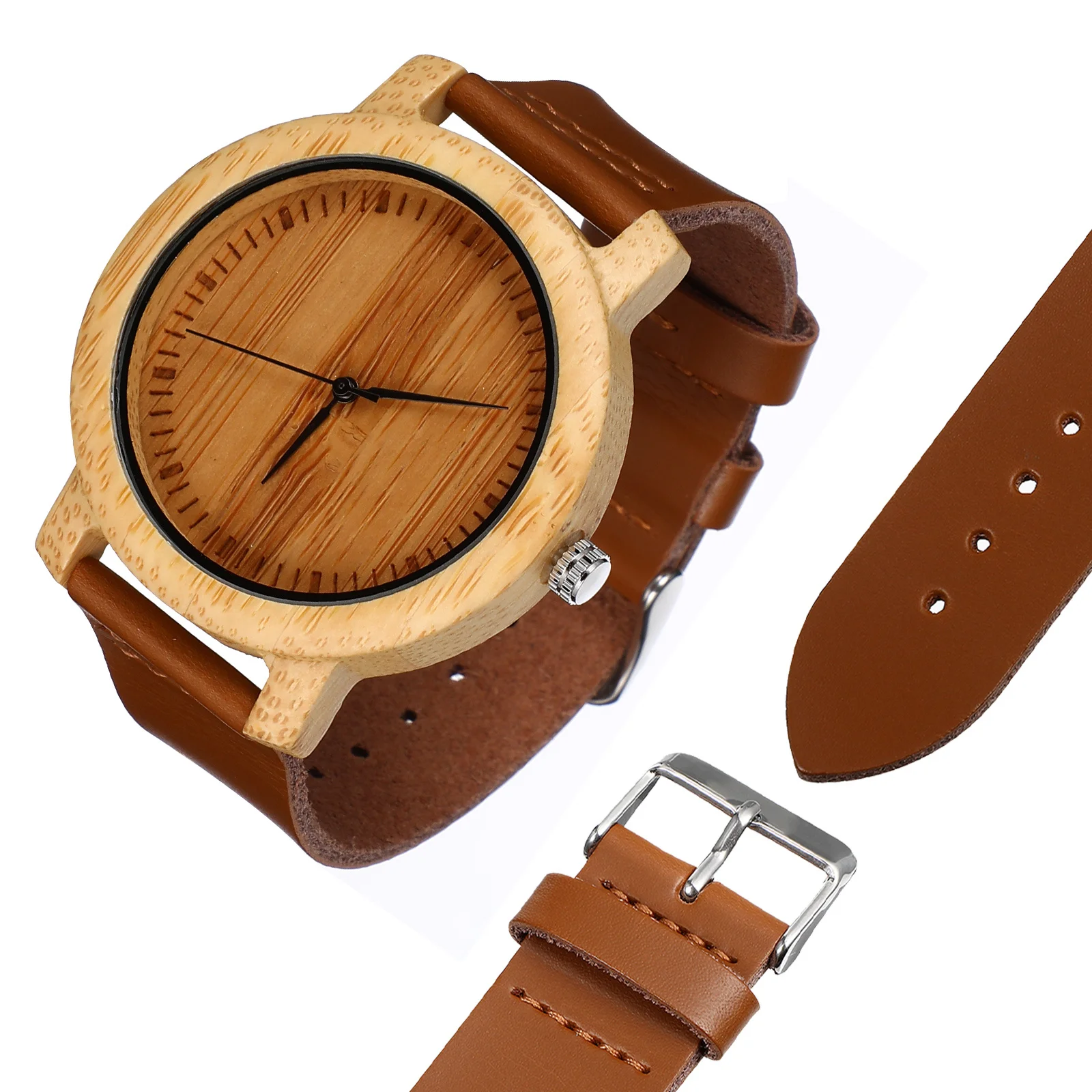 

Wooden Quartz Watch for Men Authentic Cowhide Strap Bamboo Case Lightweight Analog Wristwatch Gift for Him Travel Holiday