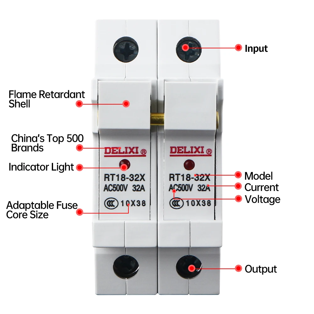 DELIXI 2P Electrical Fuse RT18-32X 500V AC for Motor Control,Transformer,Distribution Cabinet 10*38MM Resistor Fuse Holder