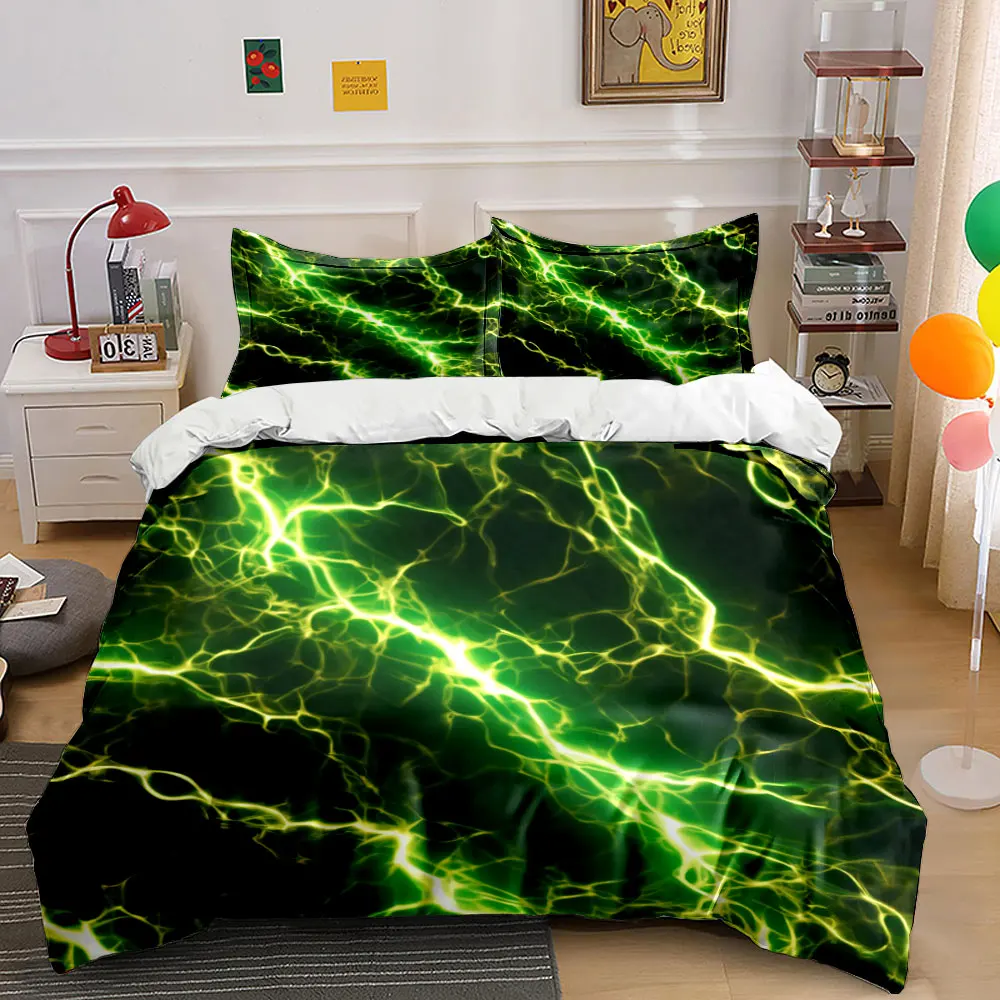 3Pcs Lightning Thunder Pattern Bedding Set, Soft Duvet Cover + 2 Pillowcases, Modern Techno Style Bedroom Decor, Gift for Family
