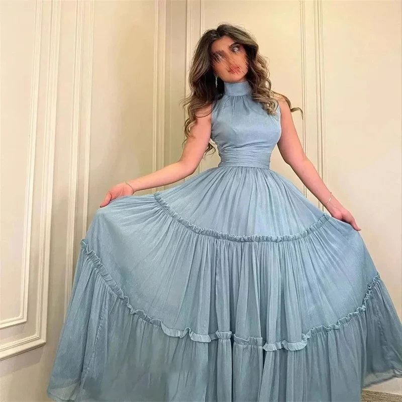 Light Blue Halter High collar Evening Dresses Tiered Pleat Sleeveless Women Formal Party Prom Dresses Customized