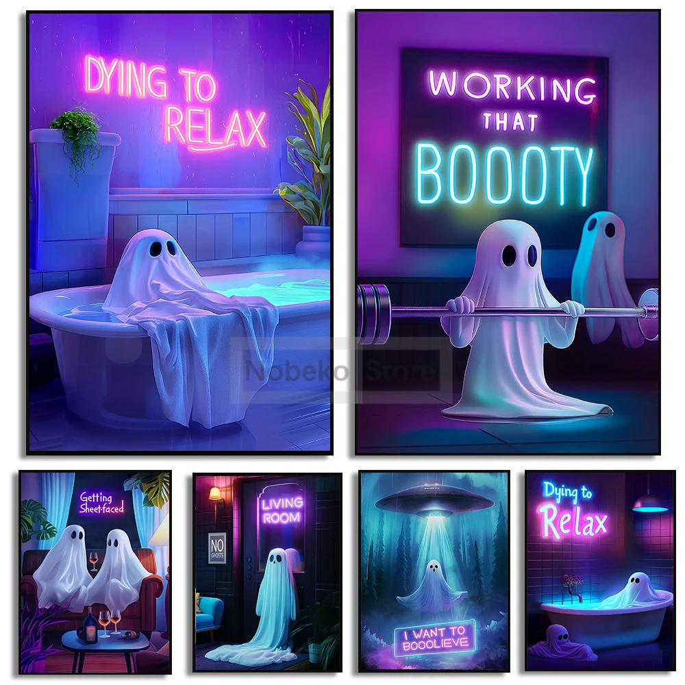 Gothic Funny Neon Cute Ghost Poster Neon Sign Ghost Spooky Prints Canvas Painting Wall Art Pictures Home Room Modern Decoration