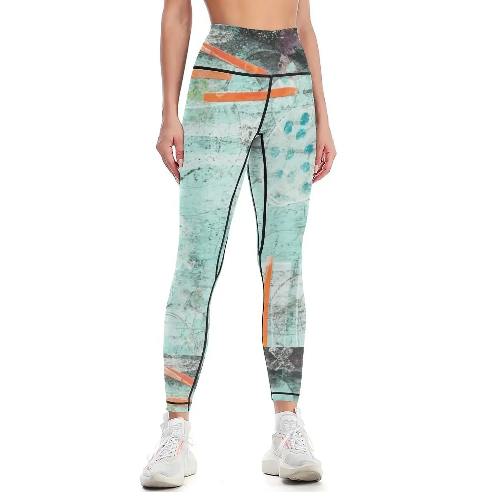 

Aqua and Orange Mixed-Media Collage Leggings push up tights for fitness set gym harem pants Women's high waist Womens Leggings