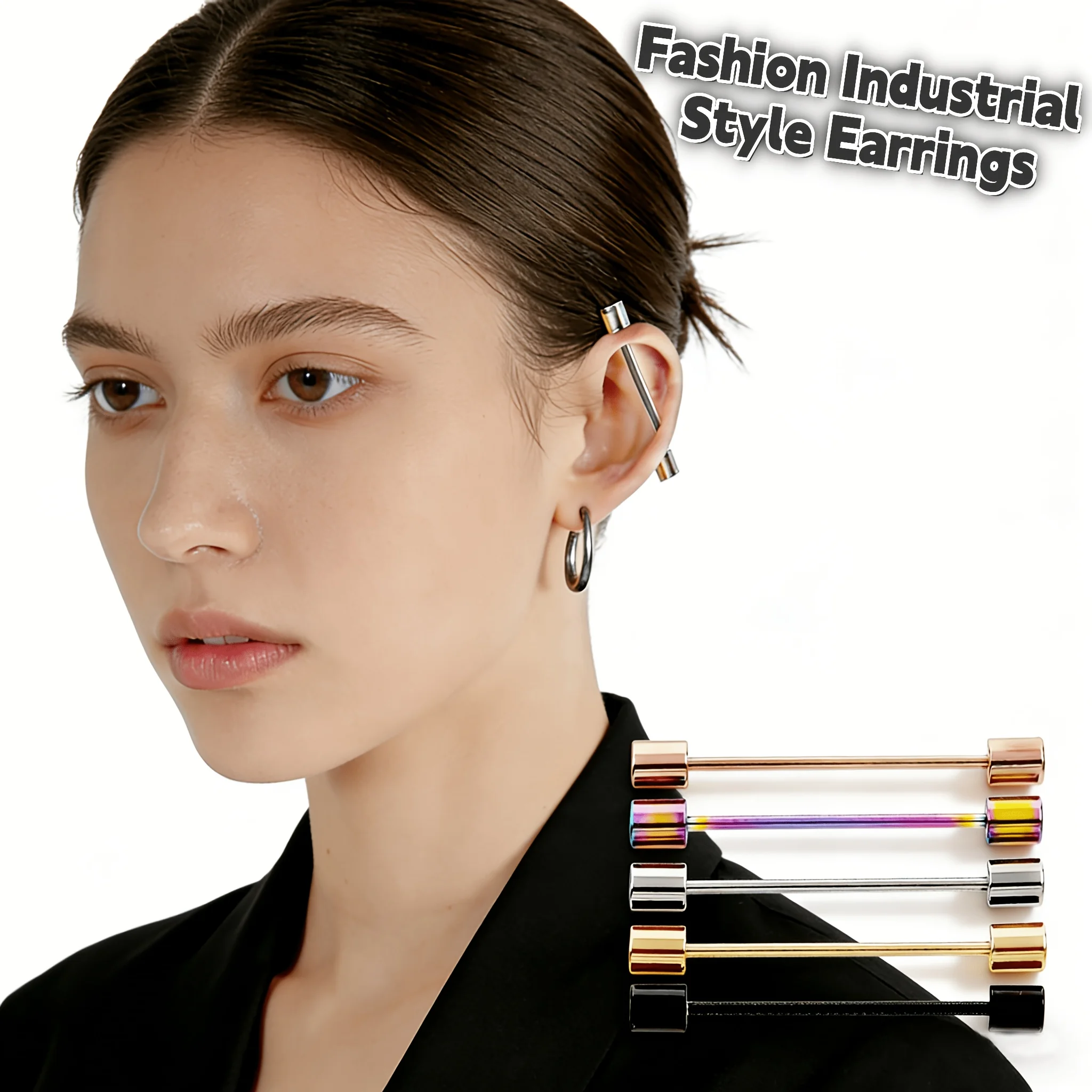 5-piece hip-hop minimalist stainless steel piercing stud earrings cylindrical barbell industrial style earrings, versatile punk style long earbone studs, ear bridge studs, double earhole jewelry, unisex, suitable for daily party wear