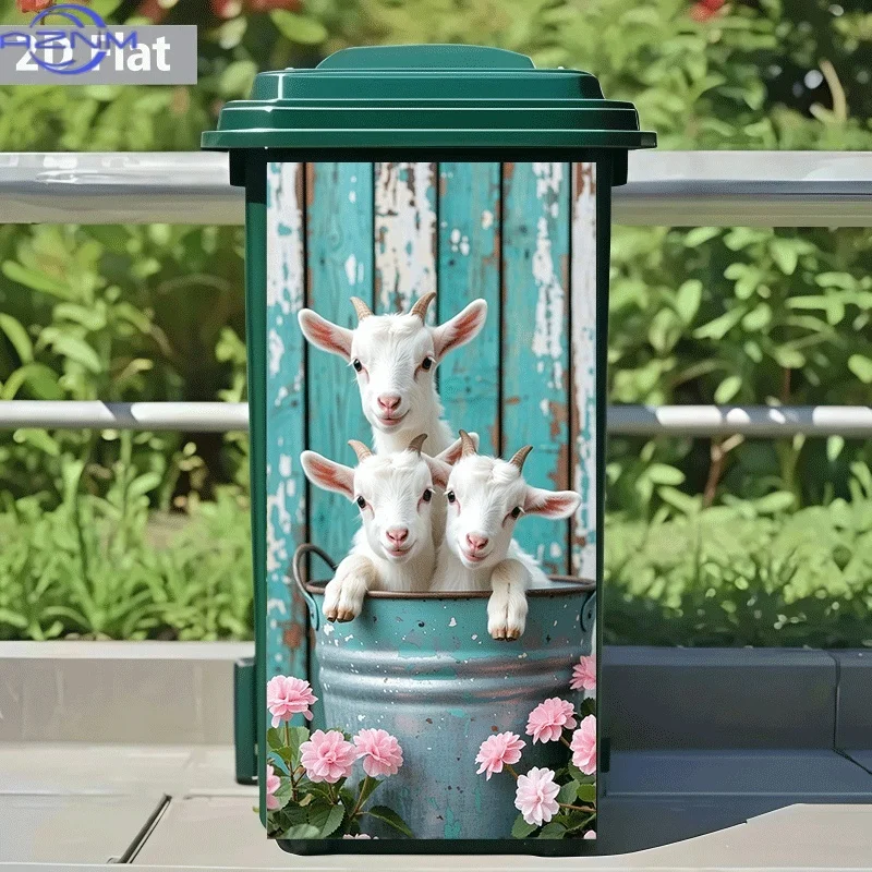 2D Flat Printing 1pc Trash Can Sticker, Three Sheep in a Can Cute Theme Design, Self-Adhesive Wall Sticker Decorative Wallpape