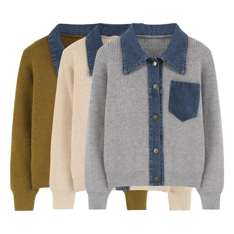 

Small fragrance sweater women's Jacket spring autumn new French knitwear Female niche top design denim stitching cardigan coat