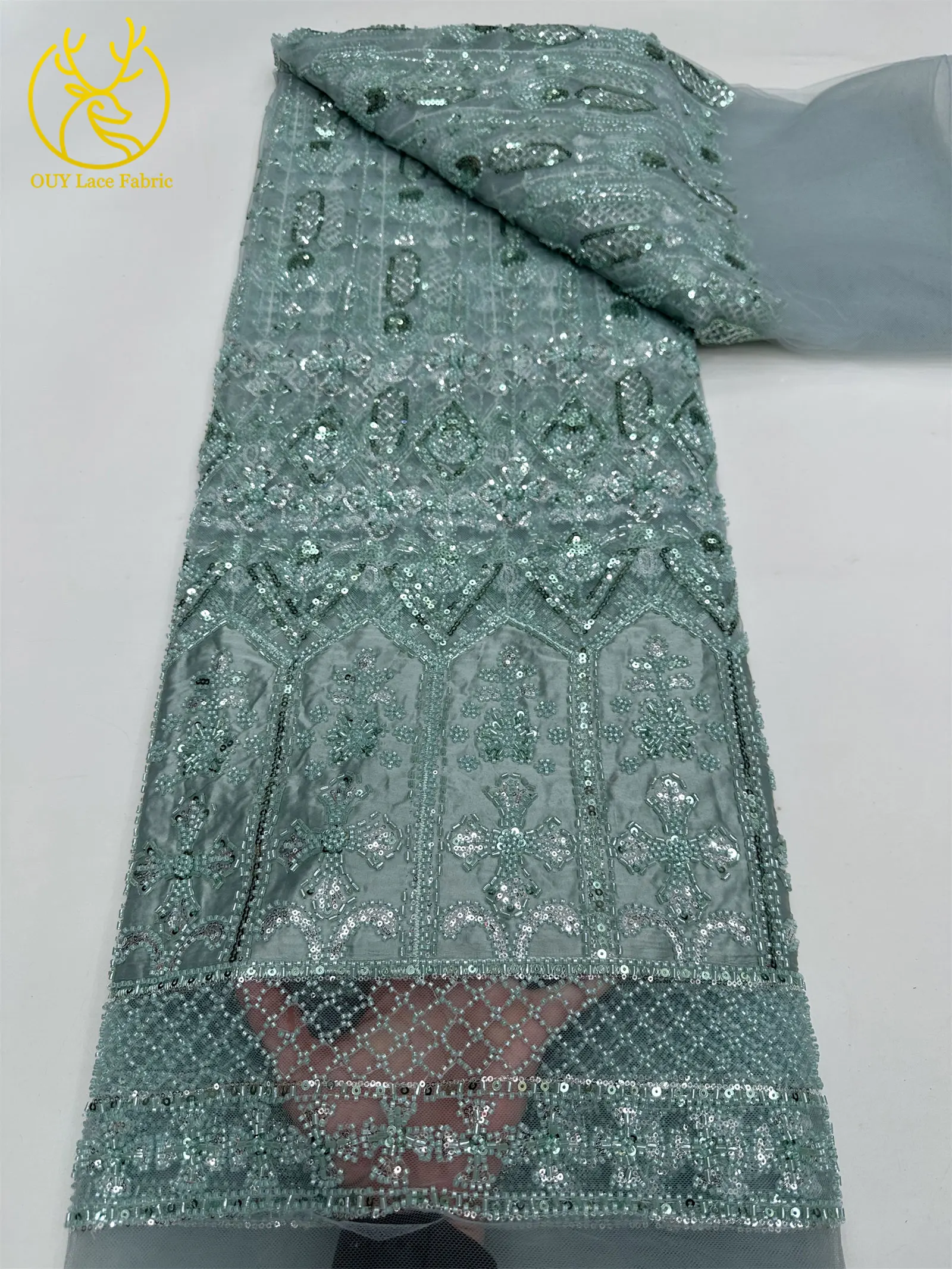 Luxuriöser französischer Pailletten-Spitzenstoff 2026 – Hochwertiger afrikanischer Perlen-Spitzenstoff, nigerianischer bestickter Stoff für Partykleider, 5 Yards – Detail 22