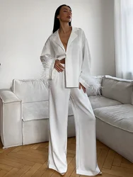 Marthaqiqi Feathers Female Nightgowns Suit Sexy Turn-Down Collar Sleepwear Long Sleeve Nightwear Pants Fashion Women Pajamas Set