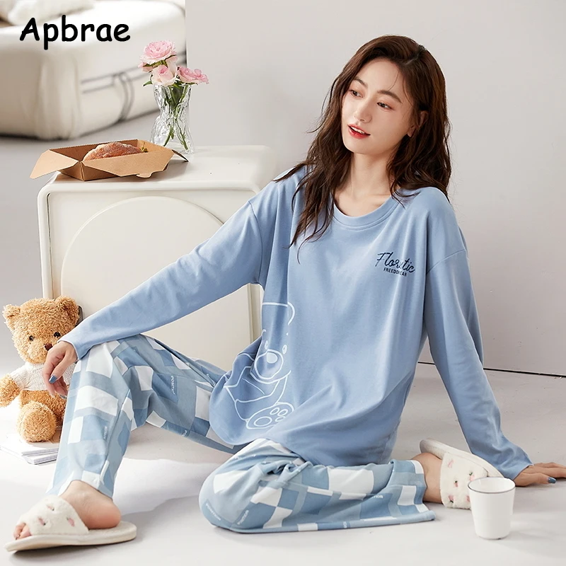 Autumn Cotton Sleepwear Cute Pajamas for Women Korean Pajama Sets Pijamas with Bra Pads Long Sleeve Avocado Print Loungewear