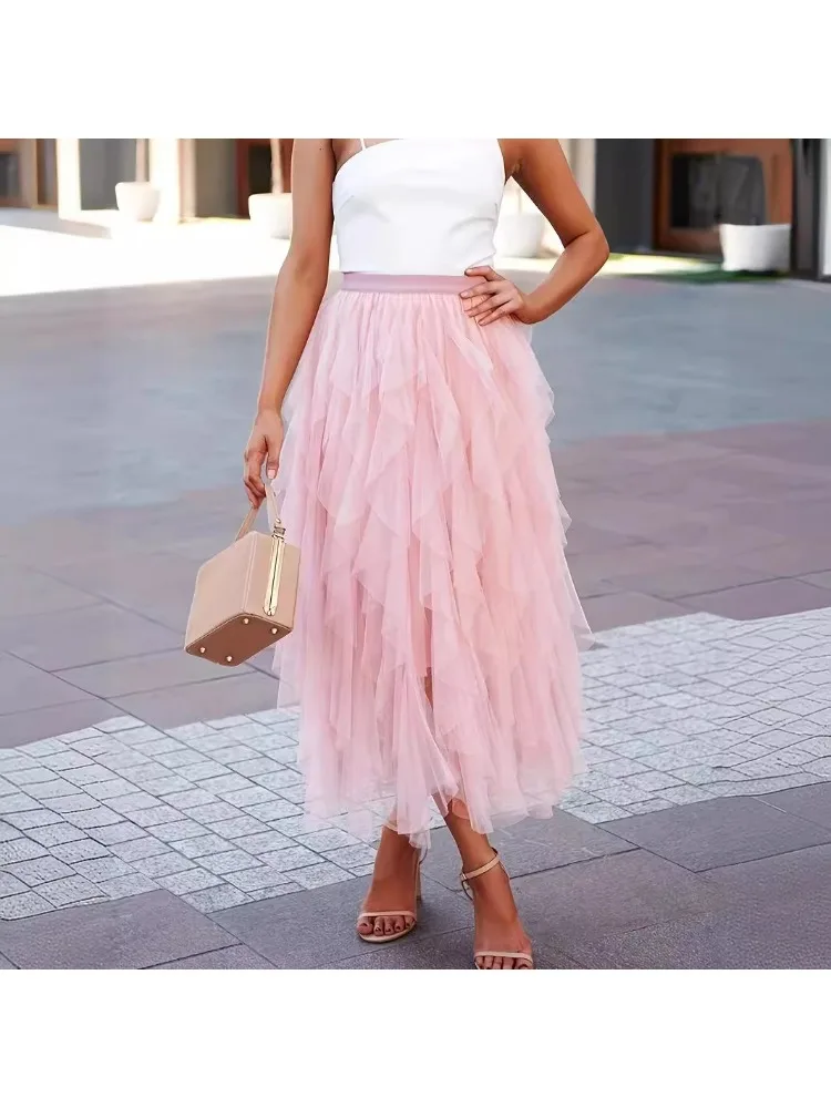 Korean version elastic waist fashionable versatile mesh stitching medium and long high waist skirt ruffle edge skirt