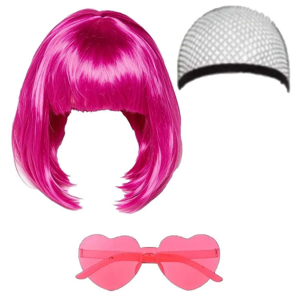 3Pcs Colorful Short Bob Hair Wig Halloween Party Role-playing Short Hair Wig with Hairnet and Glasses Christmas Cosplay Wig Set