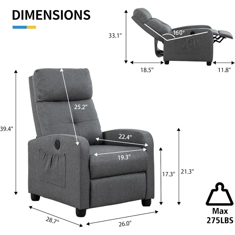 Power Recliner Chair, Fabric Recliner Chair for Adults, Small Recliner Home Theater Seating with Lumbar Support