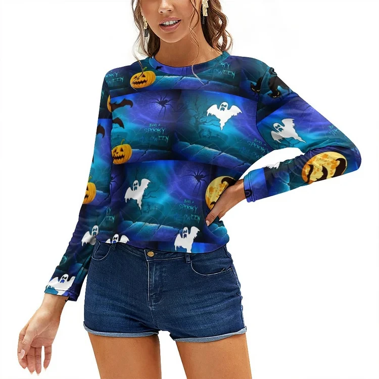 Jersey, para mujer, de manga larga con cuello redondo y estampado de Horror para Halloween, Jersey informal de otoño con diseño 3d de calabaza y caramelo, 2024