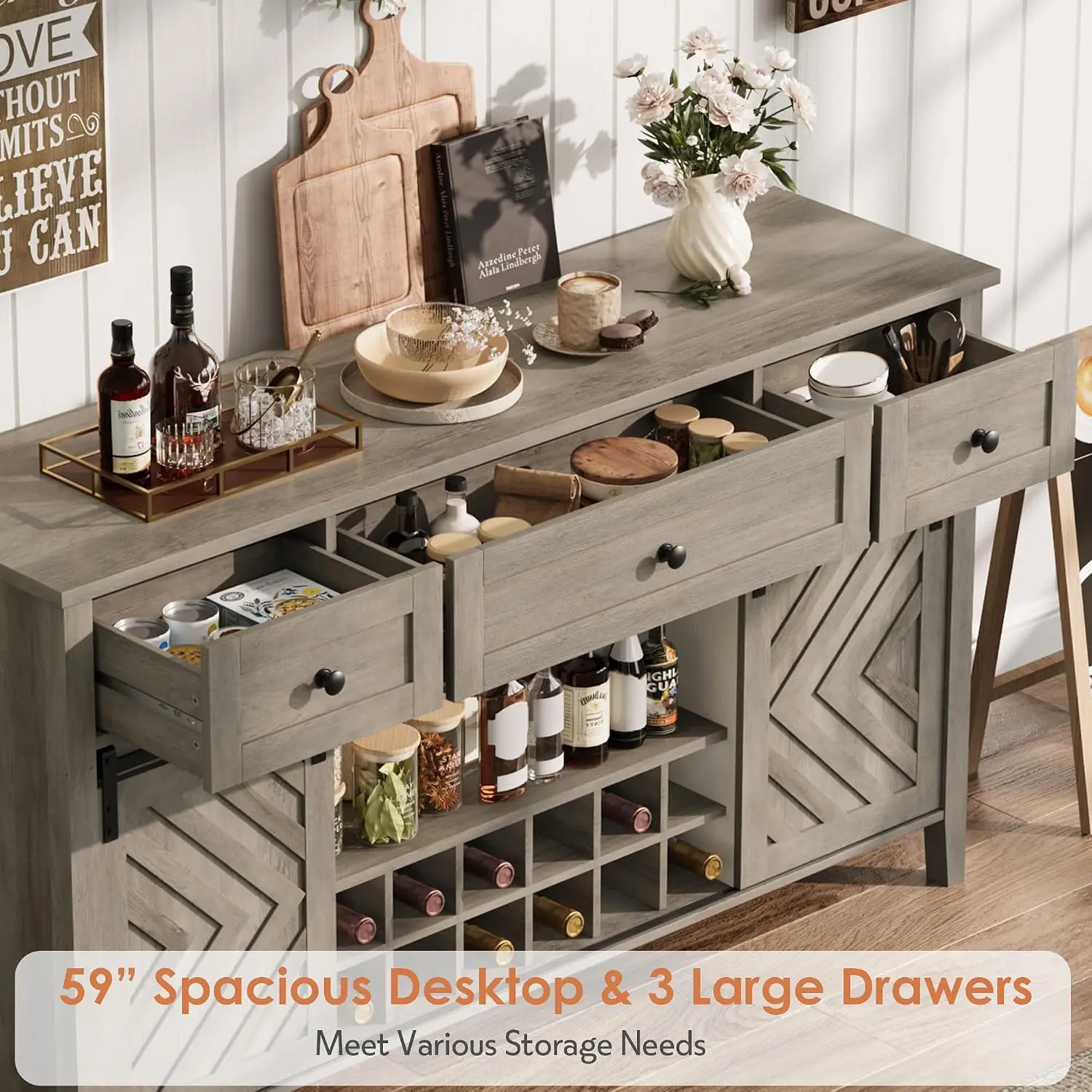 59'' Farmhouse Wine Bar Cabinet Sliding Door Buffet 3 Drawer Adjustable Shelf Wine Rack Dining Kitchen Living Room, Customized